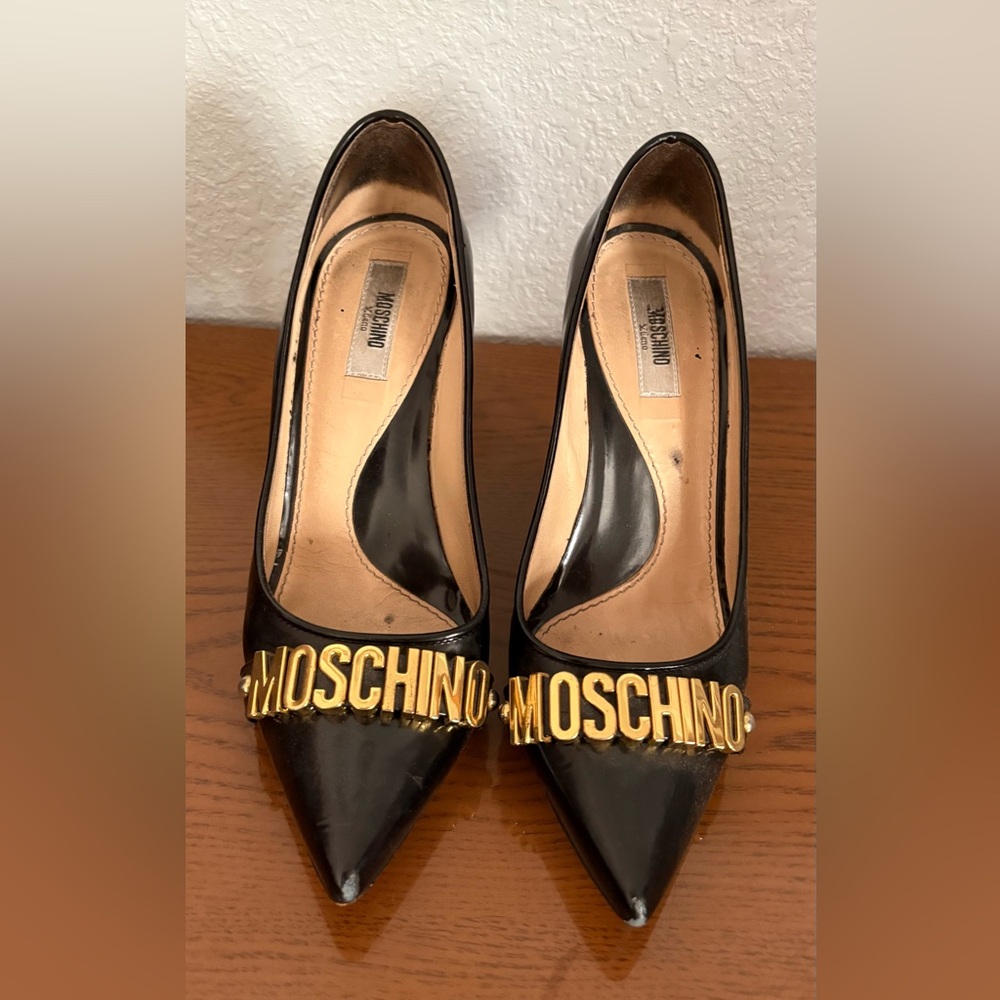 Moschino Black Heels with Gold Logo Accent